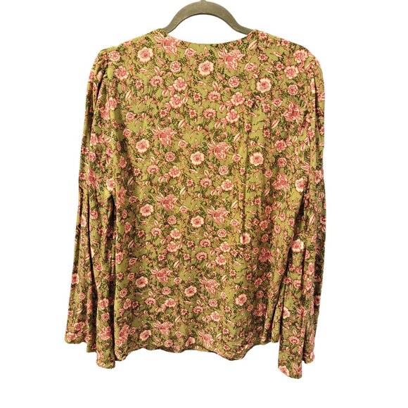 Jessica Simpson Olive Green Floral Boho Blouse With Tie Neck Sz L - Picture 10 of 11